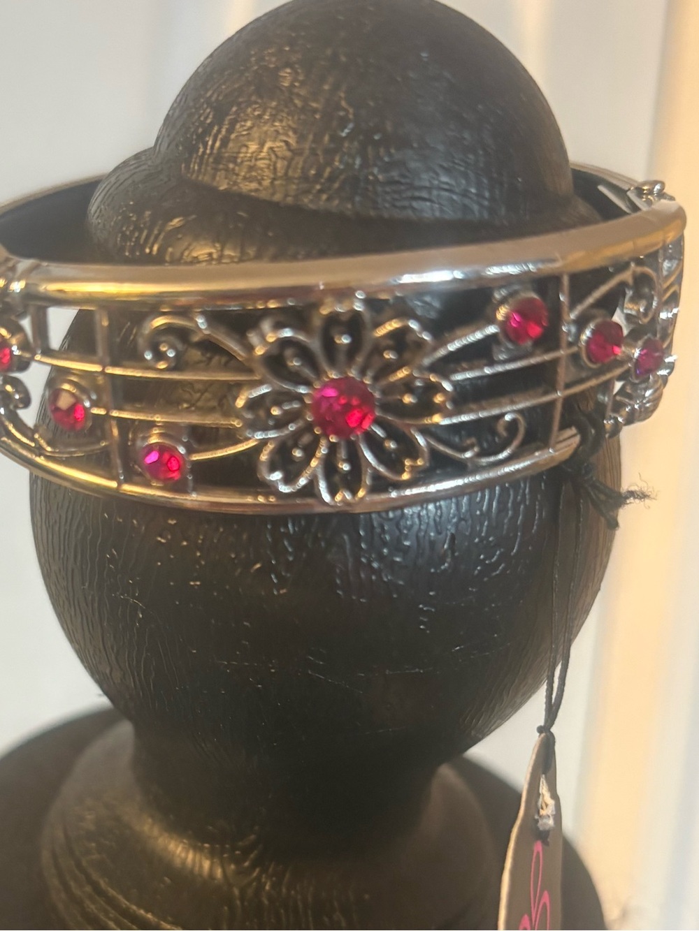 Silver Floral Cuff Bracelet with Pink Gem Accents